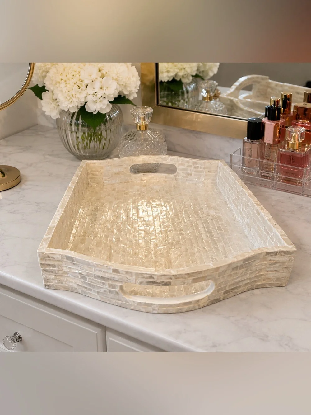 At Home Faux Capiz Shell Decorative Tray 15x10 Pearl Mosaic Vanity Organizer